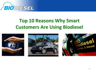 Top 10 Reasons Why Smart
Customers Are Using Biodiesel
       Why Biodiesel?




                                12
 