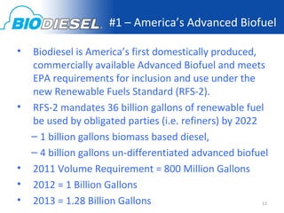 #1 – America’s Advanced Biofuel

•   Biodiesel is America’s first domestically produced,
    commercially available Advanced Biofuel and meets
    EPA requirements for inclusion and use under the
    new Renewable Fuels Standard (RFS-2).
•   RFS-2 mandates 36 billion gallons of renewable fuel
    be used by obligated parties (i.e. refiners) by 2022
    – 1 billion gallons biomass based diesel,
    – 4 billion gallons un-differentiated advanced biofuel
•   2011 Volume Requirement = 800 Million Gallons
•   2012 = 1 Billion Gallons
•   2013 = 1.28 Billion Gallons                          13
 