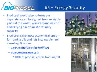 #5 – Energy Security
• Biodiesel production reduces our
  dependence on foreign oil from unstable
  parts of the world, while expanding and
  diversifying our domestic refinery
  capacity.
• Biodiesel is the most economical option
  for turning oils and fats into usable fuel
  diesel applications:
   – Low capital cost for facilities
   – Low processing costs
       • 80% of product cost is from oil/fat


                                                       19
 