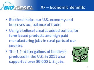 #7 – Economic Benefits

• Biodiesel helps our U.S. economy and
  improves our balance of trade.
• Using biodiesel creates added outlets for
  farm based products and high paid
  manufacturing jobs in rural parts of our
  country.
• The 1.1 billion gallons of biodiesel
  produced in the U.S. in 2011 also
  supported over 39,000 U.S. jobs.
                                              21
 