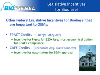 Legislative Incentives
                                 for Biodiesel

Other Federal Legislative Incentives for Biodiesel that
  are Important to OEMs:

• EPACT Credits – (Energy Policy Act)
   – Incentive for Fleets for B20+ Use; most economical option
     for EPACT compliance
• CAFÉ Credits – (Corporate Avg. Fuel Economy)
   – Incentive for Automakers for B20+ approval




                                                             33
 
