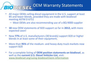 OEM Warranty Statements
• All major OEMs selling diesel equipment in the U.S. support at least
  B5 and lower blends, provided they are made with biodiesel
  meeting ASTM D 6751
   – Most OEMs are also recommending use of a BQ-9000 supplier
• 10 new OEM statements of B20 support so far in 2012, with more
  expected soon!
• Now 77% of U.S. manufacturers (30 brands) support B20 or higher
  blends in at least some of their equipment;
• More than 95% of the medium- and heavy-duty truck markets now
  support B20

• For a complete listing of OEM position statements on biodiesel, as
  well as the current U.S. Diesel Vehicles List, visit:
  www.biodiesel.org/using-biodiesel/oem-information
 