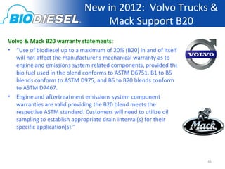 New in 2012: Volvo Trucks &
                                  Mack Support B20
Volvo & Mack B20 warranty statements:
• “Use of biodiesel up to a maximum of 20% (B20) in and of itself,
   will not affect the manufacturer's mechanical warranty as to
   engine and emissions system related components, provided the
   bio fuel used in the blend conforms to ASTM D6751, B1 to B5
   blends conform to ASTM D975, and B6 to B20 blends conform
   to ASTM D7467.
• Engine and aftertreatment emissions system component
   warranties are valid providing the B20 blend meets the
   respective ASTM standard. Customers will need to utilize oil
   sampling to establish appropriate drain interval(s) for their
   specific application(s).”




                                                                     41
 