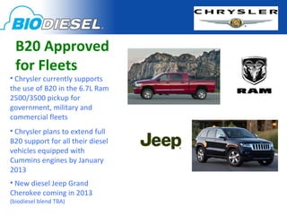 B20 Approved
  for Fleets
• Chrysler currently supports
the use of B20 in the 6.7L Ram
2500/3500 pickup for
government, military and
commercial fleets
• Chrysler plans to extend full
B20 support for all their diesel
vehicles equipped with
Cummins engines by January
2013
• New diesel Jeep Grand
Cherokee coming in 2013
(biodiesel blend TBA)
 