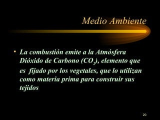 Medio Ambiente La  combustión emite a la Atmósfera Dióxido de Carbono (CO 2 ), elemento que es  fijado por los vegetales, que lo utilizan como materia prima para construir sus tejidos  