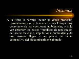 Insumos A la firma le permite incluir un doble propósito :posicionamiento de la marca en una Europa muy consciente de las cuestiones ambientales, y a la vez absorber los costos “hundidos de recolección del aceite reciclado, imputarlos a publicidad y de esta manera llegar a un precio de venta competitivo del biocombustible elaborado 