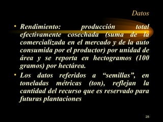 Datos Rendimiento: producción total efectivamente cosechada (suma de la comercializada en el mercado y de la auto consumida por el productor) por unidad de área y se reporta en hectogramos (100 gramos) por hectárea. Los datos referidos a “semillas”, en toneladas métricas (ton), reflejan la cantidad del recurso que es reservado para futuras plantaciones 