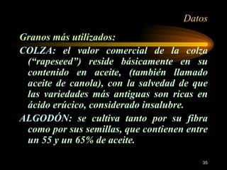 Datos Granos más utilizados: COLZA : el valor comercial de la colza (“rapeseed”) reside básicamente en su contenido en aceite, (también llamado aceite de canola), con la salvedad de que las variedades más antiguas son ricas en ácido erúcico, considerado insalubre. ALGODÓN : se cultiva tanto por su fibra como por sus semillas, que contienen entre un 55 y un 65% de aceite.  