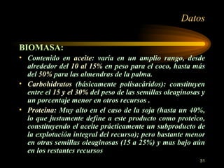 Datos BIOMASA: Contenido en  aceite : varía en un amplio rango, desde alrededor del  10 al 15%  en peso para el coco, hasta más del  50%  para las almendras de la palma.  Carbohidratos  (básicamente polisacáridos): constituyen entre el  15 y el 30%  del peso de las semillas oleaginosas y un porcentaje menor en otros recursos .  Proteína : Muy alto en el caso de la soja (hasta un 40%, lo que justamente define a este producto como proteico, constituyendo el aceite prácticamente un subproducto de la explotación integral del recurso); pero bastante menor en otras semillas oleaginosas (15 a 25%) y mas bajo aún en los restantes recursos 