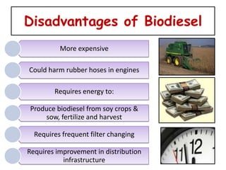 Disadvantages of Biodiesel
          More expensive

Could harm rubber hoses in engines

        Requires energy to:

Produce biodiesel from soy crops &
    sow, fertilize and harvest

  Requires frequent filter changing

Requires improvement in distribution
           infrastructure
 