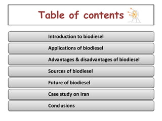 Table of contents

 Introduction to biodiesel

 Applications of biodiesel

 Advantages & disadvantages of biodiesel

 Sources of biodiesel

 Future of biodiesel

 Case study on Iran

 Conclusions
 