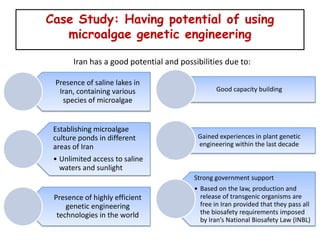 Case Study: Having potential of using
   microalgae genetic engineering

       Iran has a good potential and possibilities due to:

 Presence of saline lakes in
  Iran, containing various                      Good capacity building
   species of microalgae


 Establishing microalgae
 culture ponds in different               Gained experiences in plant genetic
 areas of Iran                            engineering within the last decade

 • Unlimited access to saline
   waters and sunlight
                                         Strong government support
                                         • Based on the law, production and
 Presence of highly efficient              release of transgenic organisms are
     genetic engineering                   free in Iran provided that they pass all
  technologies in the world                the biosafety requirements imposed
                                           by Iran’s National Biosafety Law (INBL)
 