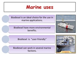 Marine uses

Biodiesel is an ideal choice for the use in
           marine applications.

  Biodiesel have more environmental
               benefits.


      Biodiesel is “user-friendly”


  Biodiesel can work in several marine
                factions.
 