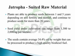 Plants are able to produce seeds between 1 and 5 years
depending on soil fertility and rainfall, and continue to
produce seeds for more than 20 years.
 Seed yield under cultivation can range from 1,500 to
2,000 kg per hectare.
 The seeds contain average 34.4% oil by weight that can
be processed to produce a high quality biodiesel fuel.
 