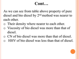 Cont…
As we can see from table above property of pure
diesel and bio diesel by 2nd method was nearer to
each other.
o Their density where nearer to each other.
o Viscosity of bio diesel was more than that of
diesel.
o CN of bio diesel was more than that of diesel.
o HHV of bio diesel was less than that of diesel.
 