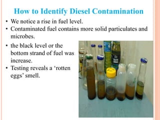 How to Identify Diesel Contamination
• We notice a rise in fuel level.
• Contaminated fuel contains more solid particulates and
microbes.
• the black level or the
bottom strand of fuel was
increase.
• Testing reveals a ‘rotten
eggs’ smell.
 