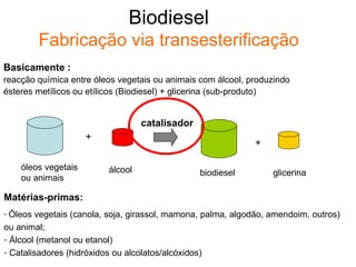 Biodiesel Fabricação via transesterificação + + óleos vegetais ou animais álcool biodiesel glicerina catalisador Basicamente : reacção química entre óleos vegetais ou animais com álcool, produzindo  ésteres metílicos ou etílicos (Biodiesel) + glicerina (sub-produto) ,[object Object],[object Object],[object Object],[object Object]