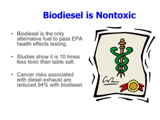 Biodiesel is Nontoxic
• Biodiesel is the only
alternative fuel to pass EPA
health effects testing.
• Studies show it is 10 times
less toxic than table salt.
• Cancer risks associated
with diesel exhaust are
reduced 94% with biodiesel.
 