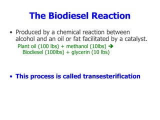 The Biodiesel Reaction
• Produced by a chemical reaction between
alcohol and an oil or fat facilitated by a catalyst.
Plant oil (100 lbs) + methanol (10lbs) 
Biodiesel (100lbs) + glycerin (10 lbs)
• This process is called transesterification
 