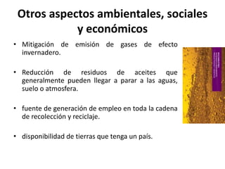 Otros aspectos ambientales, sociales
y económicos
• Mitigación de emisión de gases de efecto
invernadero.
• Reducción de residuos de aceites que
generalmente pueden llegar a parar a las aguas,
suelo o atmosfera.
• fuente de generación de empleo en toda la cadena
de recolección y reciclaje.
• disponibilidad de tierras que tenga un país.
 