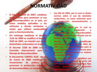 NORMATIVIDAD
• El Decreto 2629 de 2007, establece
disposiciones para promover el uso
de biocombustibles en el país, así
como medidas aplicables a los
vehículos y demás artefactos a
motor que utilicen combustibles
para su funcionamiento.
• Sin embargo mediante el decreto
1135 de 2009 se modifica el Decreto
2629 de 2007, en relación con el uso
dealcoholes carburantes en el país
• El Decreto 2328 de 2008 crea la
Comisión Intersectorial para el
Manejo de Biocombustibles.
• El documento CONPES 3510 del 31
de marzo de 2008 establece los
lineamientos de política para
promover la producción sostenible
de biocombustibles en Colombia.
• Ley 693 de 2001, por la cual se dictan
normas sobre el uso de alcoholes
carburantes, se crean estímulos para
su producción, comercialización y
consumo.
• Ley 939 de 2004, por la cual se
estimula la producción y
comercialización de biocombustibles
de origen vegetal o animal para uso en
Motores diesel.
• Decreto 383 de 2007, modificado
parcialmente por el Decreto 4051 de
2007, que establece estímulos para la
implementación de zonas francas para
proyectos agroindustriales en materia
de biocombustibles.
• Ley 1111 de 2006, que establece una
deducción del impuesto de renta del
40% de las inversiones en activos fijos
reales productivos en proyectos
agroindustriales
 
