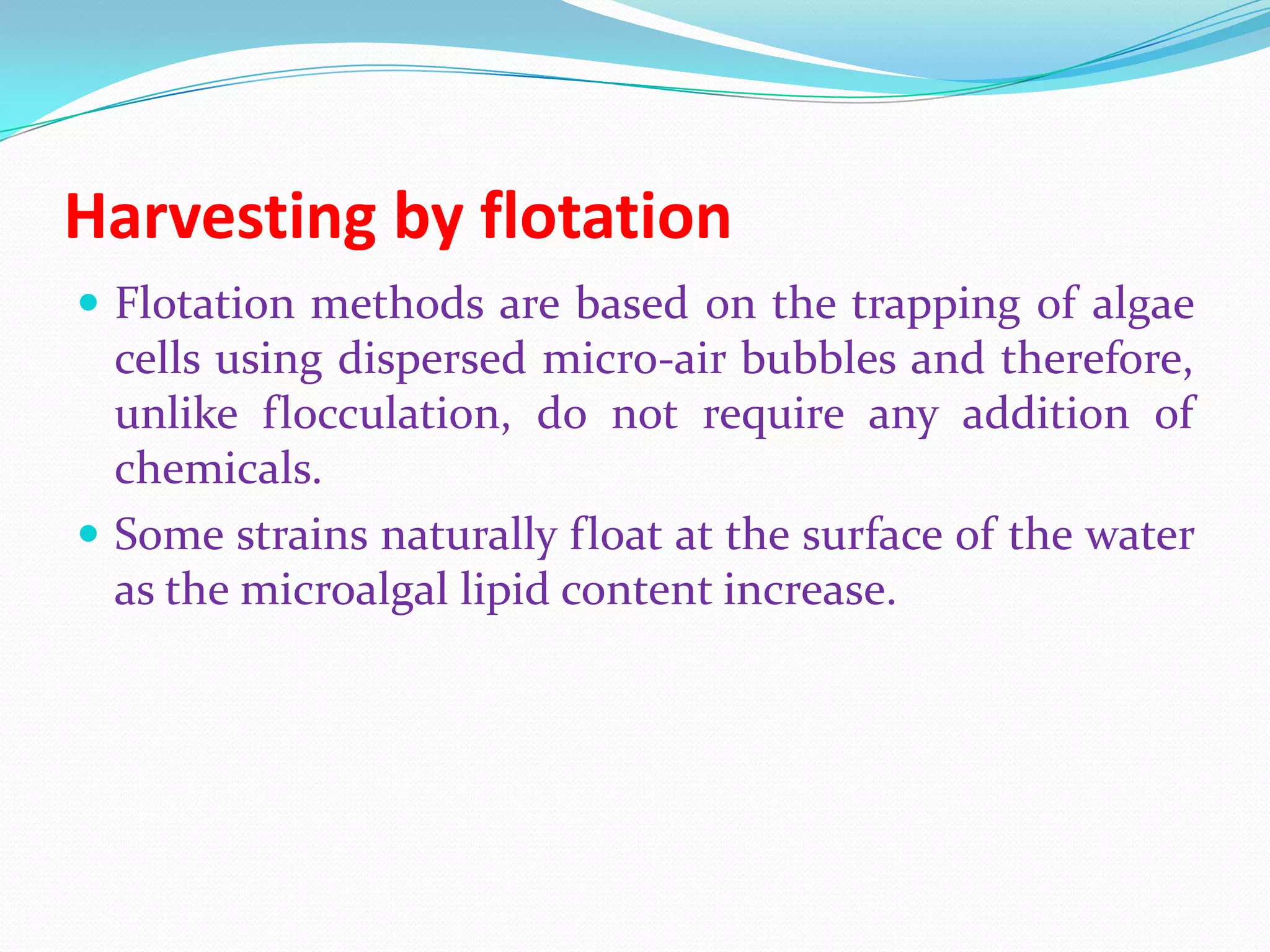 Harvesting by flotation
 Flotation methods are based on the trapping of algae
cells using dispersed micro-air bubbles and therefore,
unlike flocculation, do not require any addition of
chemicals.
 Some strains naturally float at the surface of the water
as the microalgal lipid content increase.
 