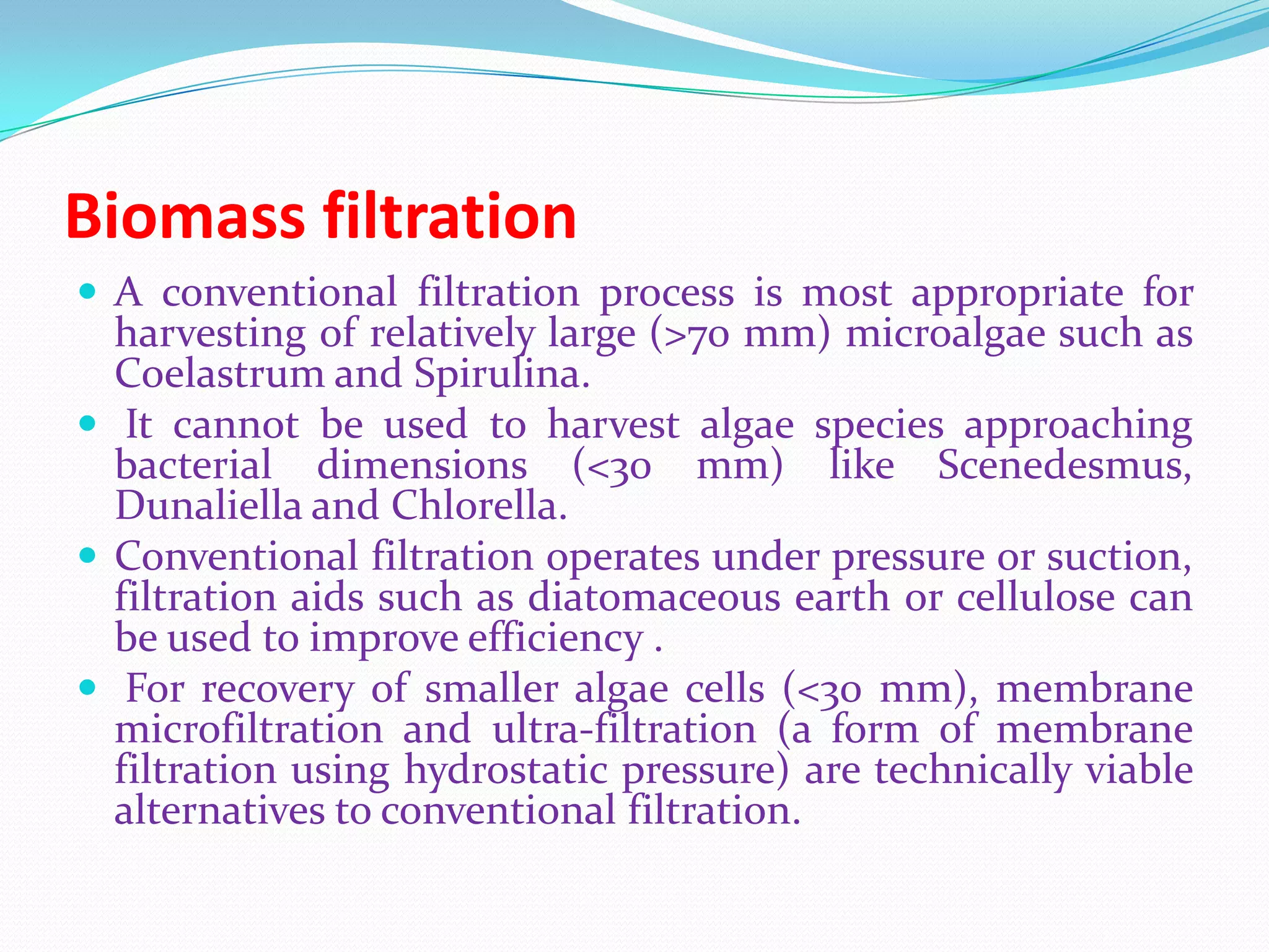 Biomass filtration
 A conventional filtration process is most appropriate for
harvesting of relatively large (>70 mm) microalgae such as
Coelastrum and Spirulina.
 It cannot be used to harvest algae species approaching
bacterial dimensions (<30 mm) like Scenedesmus,
Dunaliella and Chlorella.
 Conventional filtration operates under pressure or suction,
filtration aids such as diatomaceous earth or cellulose can
be used to improve efficiency .
 For recovery of smaller algae cells (<30 mm), membrane
microfiltration and ultra-filtration (a form of membrane
filtration using hydrostatic pressure) are technically viable
alternatives to conventional filtration.
 