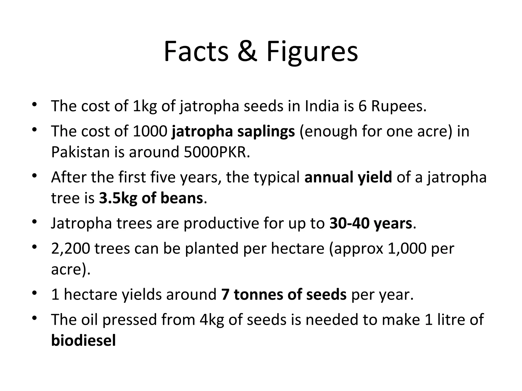 Facts & Figures
• The cost of 1kg of jatropha seeds in India is 6 Rupees.
• The cost of 1000 jatropha saplings (enough for one acre) in
Pakistan is around 5000PKR.
• After the first five years, the typical annual yield of a jatropha
tree is 3.5kg of beans.
• Jatropha trees are productive for up to 30-40 years.
• 2,200 trees can be planted per hectare (approx 1,000 per
acre).
• 1 hectare yields around 7 tonnes of seeds per year.
• The oil pressed from 4kg of seeds is needed to make 1 litre of
biodiesel
 