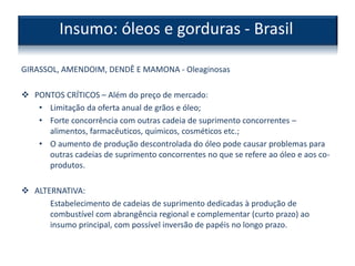 GIRASSOL, AMENDOIM, DENDÊ E MAMONA - Oleaginosas
 PONTOS CRÍTICOS – Além do preço de mercado:
• Limitação da oferta anual de grãos e óleo;
• Forte concorrência com outras cadeia de suprimento concorrentes –
alimentos, farmacêuticos, químicos, cosméticos etc.;
• O aumento de produção descontrolada do óleo pode causar problemas para
outras cadeias de suprimento concorrentes no que se refere ao óleo e aos co-
produtos.
 ALTERNATIVA:
Estabelecimento de cadeias de suprimento dedicadas à produção de
combustível com abrangência regional e complementar (curto prazo) ao
insumo principal, com possível inversão de papéis no longo prazo.
Insumo: óleos e gorduras - Brasil
 