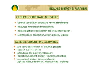 BIOVALE ENERGY & PARTNERS


GENERAL CORPORATE ACTIVITIES
 General coordination among the various stakeholders
 Resources (...