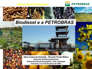 Show Rural Coopavel




Biodiesel e a PETROBRAS




    Aline Costa de Andrade - Ricardo Prado Millen
             Gerencia de Biocombustíveis
       Desenvolvimento Energético / Gás e Energia
          Cascavel, 5 a 9 de fevereiro de 2007
                                                    1
 