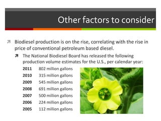 Other factors to consider

 Biodiesel production is on the rise, correlating with the rise in
   price of conventional petroleum based diesel.
    The National Biodiesel Board has released the following
       production volume estimates for the U.S., per calendar year:
       2011    802 million gallons
       2010    315 million gallons
       2009    545 million gallons
       2008    691 million gallons
       2007    500 million gallons
       2006    224 million gallons
       2005    112 million gallons
 
