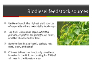 Biodiesel feedstock sources

 Unlike ethanol, the highest yield sources
   of vegetable oil are not chiefly food crops.
 Top five: Open pond algae, Millettia
   pinnata, Copaifera langsdorffii, oil palms,
   and the Chinese tallow tree.
 Bottom five: Maize (corn), cashew nut,
   oats, lupin, and kenaf.
 Chinese tallow tree is actually considered
   invasive in the U.S., accounting for 23% of
   all trees in the Houston area.
 