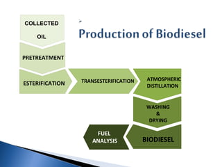 FUEL
ANALYSIS BIODIESEL
WASHING
&
DRYING
ATMOSPHERIC
DISTILLATION
TRANSESTERIFICATIONESTERIFICATION
PRETREATMENT
COLLECTED
OIL
 