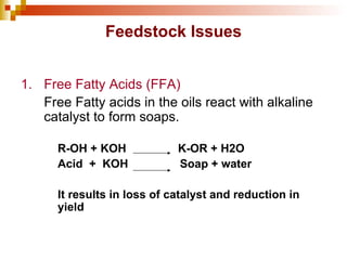 Feedstock Issues 1. Free Fatty Acids (FFA) Free Fatty acids in the oils react with alkaline catalyst to form soaps. R-OH + KOH  K-OR + H2O  Acid  +  KOH  Soap + water It results in loss of catalyst and reduction in yield 