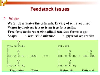 Feedstock Issues 2. Water Water deactivates the catalysts. Drying of oil is required. Water hydrolyses fats to form free fatty acids. Free fatty acids react with alkali catalysts forms soaps Soaps  semi solid mixture  glycerol separation   