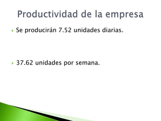   Se producirán 7.52 unidades diarias.




   37.62 unidades por semana.
 