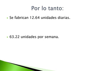    Se fabrican 12.64 unidades diarias.




   63.22 unidades por semana.
 
