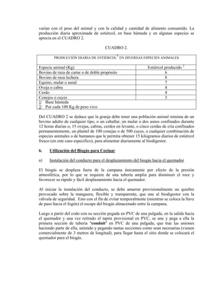 varían con el peso del animal y con la calidad y cantidad de alimento consumido. La
producción diaria aproximada de estiércol, en base húmeda y en algunas especies se
aprecia en el CUADRO 2.
CUADRO 2.
PRODUCCIÓN DIARIA DE ESTIÉRCOL
1
EN DIVERSAS ESPECIES ANIMALES
Especie animal (Kg) Estiércol producido 2
Bovino de raza de carne o de doble propósito 6
Bovino de raza lechera 8
Equino, mular o asnal 7
Oveja o cabra 4
Cerdo 4
Conejos o cuyes 3
1/ Base húmeda
2/ Por cada 100 Kg de peso vivo
Del CUADRO 2 se deduce que la granja debe tener una población animal mínima de un
bovino adulto de cualquier tipo, o un caballar, un mular o dos asnos confinados durante
12 horas diarias o, 15 ovejas, cabras, cerdos en levante, o cinco cerdas de cría confinados
permanentemente, un plantel de 100 conejas o de 500 cuyes, o cualquier combinación de
especies animales o de humanos que le permita obtener 15 kilogramos diarios de estiércol
fresco (en este caso específico), para alimentar diariamente al biodigestor.
6. Utilización del Biogás para Cocinar
a) Instalación del conducto para el desplazamiento del biogás hacia el quemador
El biogás se desplaza fuera de la campana únicamente por efecto de la presión
atmosférica, por lo que se requiere de una tubería amplia para disminuir el roce y
favorecer su rápido y fácil desplazamiento hacia el quemador.
Al iniciar la instalación del conducto, se debe amarrar provisionalmente un quiebre
provocado sobre la manguera, flexible y transparente, que une al biodigestor con la
válvula de seguridad. Esto con el fin de evitar temporalmente (mientras se coloca la llave
de paso hacia el fogón) el escape del biogás almacenado entre la campana.
Luego a partir del codo con su sección pegada en PVC de una pulgada, en la salida hacia
el quemador y una vez retirado el tapón provisional en PVC, se une y pega a ella la
primera sección de tubería "conduit" en PVC de una pulgada, que trae las uniones
haciendo parte de ella, uniendo y pegando tantas secciones como sean necesarias (vienen
comercialmente de 3 metros de longitud), para llegar hasta el sitio donde se colocará el
quemador para el biogás.
 