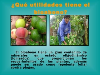 ¿Qué utilidades tiene el bioabono? El bioabono tiene un gran contenido de minerales en estado oligodinámico (Ionizados) que proporcionan los requerimientos de las plantas, además puede ser usado como repelente foliar contra plagas. 