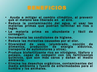 BENEFICIOS Ayuda a mitigar el cambio climático, al prevenir que el metano sea liberado en  el aire.  Reduce la contaminación del agua, al usar las materias primas que podrían terminar en ríos o lagos.  La materia prima es abundante y fácil de conseguir. Incrementa las condiciones de higiene.  Reduce las molestias causadas por el olor. Diversidad de usos (alumbrado, cocción de alimentos, producción de energía eléctrica, transporte de automotores y otros). Produce biofertilizante rico en nitrógeno, fósforo y potasio, capaz de competir con los fertilizantes químicos, que son más caros y dañan el medio ambiente. Elimina los desechos orgánicos, contaminantes del medio ambiente y fuente de enfermedades para el hombre y los animales. 