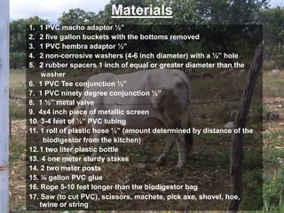 Materials
1. 1 PVC macho adaptor ½”
2. 2 five gallon buckets with the bottoms removed
3. 1 PVC hembra adaptor ½”
4. 2 non-corrosive washers (4-6 inch diameter) with a ½” hole
5. 2 rubber spacers 1 inch of equal or greater diameter than the
washer
6. 1 PVC Tee conjunction ½”
7. 1 PVC ninety degree conjunction ½”
8. 1 ½” metal valve
9. 4x4 inch piece of metallic screen
10. 3-4 feet of ½” PVC tubing
11. 1 roll of plastic hose ½” (amount determined by distance of the
biodigestor from the kitchen)
12.1 two liter plastic bottle
13. 4 one meter sturdy stakes
14. 2 two meter posts
15. ¼ gallon PVC glue
16. Rope 5-10 feet longer than the biodigestor bag
17. Saw (to cut PVC), scissors, machete, pick axe, shovel, hoe,
twine or string
 