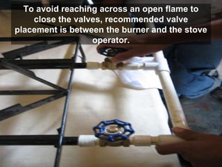 To avoid reaching across an open flame to
close the valves, recommended valve
placement is between the burner and the stove
operator.
 