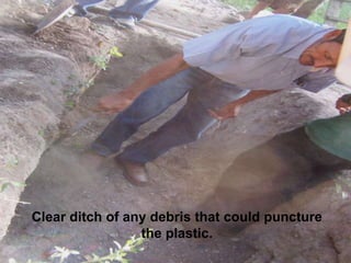 Clear ditch of any debris that could puncture
the plastic.
 