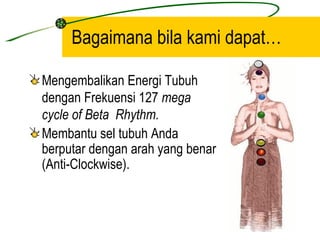 Bagaimana bila kami dapat…

Mengembalikan Energi Tubuh
dengan Frekuensi 127 mega
cycle of Beta Rhythm.
Membantu sel tubuh Anda
berputar dengan arah yang benar
(Anti-Clockwise).
 