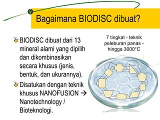 Bagaimana BIODISC dibuat?
                              7 tingkat - teknik
BIODISC dibuat dari 13       peleburan panas -
mineral alami yang dipilih     hingga 3000°C
dan dikombinasikan
secara khusus (jenis,
bentuk, dan ukurannya).
Disatukan dengan teknik
khusus NANOFUSION 
Nanotechnology /
Bioteknologi.
 