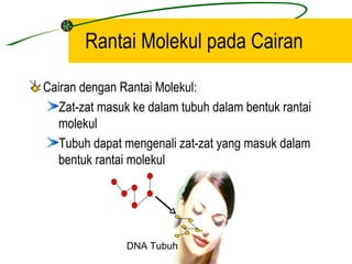 Rantai Molekul pada Cairan

Cairan dengan Rantai Molekul:
   Zat-zat masuk ke dalam tubuh dalam bentuk rantai
  molekul
   Tubuh dapat mengenali zat-zat yang masuk dalam
  bentuk rantai molekul




               DNA Tubuh
 