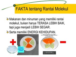 FAKTA tentang Rantai Molekul

Makanan dan minuman yang memiliki rantai
molekul, bukan hanya TERASA LEBIH BAIK,
tapi juga menjadi LEBIH SEGAR.
Serta memiliki ENERGI KEHIDUPAN.
 