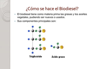 ¿Cómo se hace el Biodiesel?
   El biodiesel tiene como materia prima las grasas y los aceites
    vegetales, pudiendo ser nuevos o usados.
   Sus componentes principales son:
 