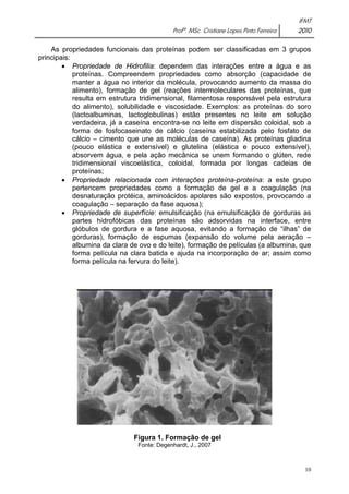 IFMT 
Profª. MSc. Cristiane Lopes Pinto Ferreira 2010 
As propriedades funcionais das proteínas podem ser classificadas em 3 grupos 
10 
principais: 
• Propriedade de Hidrofilia: dependem das interações entre a água e as 
proteínas. Compreendem propriedades como absorção (capacidade de 
manter a água no interior da molécula, provocando aumento da massa do 
alimento), formação de gel (reações intermoleculares das proteínas, que 
resulta em estrutura tridimensional, filamentosa responsável pela estrutura 
do alimento), solubilidade e viscosidade. Exemplos: as proteínas do soro 
(lactoalbuminas, lactoglobulinas) estão presentes no leite em solução 
verdadeira, já a caseína encontra-se no leite em dispersão coloidal, sob a 
forma de fosfocaseinato de cálcio (caseína estabilizada pelo fosfato de 
cálcio – cimento que une as moléculas de caseína). As proteínas gliadina 
(pouco elástica e extensível) e glutelina (elástica e pouco extensível), 
absorvem água, e pela ação mecânica se unem formando o glúten, rede 
tridimensional viscoelástica, coloidal, formada por longas cadeias de 
proteínas; 
• Propriedade relacionada com interações proteína-proteína: a este grupo 
pertencem propriedades como a formação de gel e a coagulação (na 
desnaturação protéica, aminoácidos apolares são expostos, provocando a 
coagulação – separação da fase aquosa); 
• Propriedade de superfície: emulsificação (na emulsificação de gorduras as 
partes hidrofóbicas das proteínas são adsorvidas na interface, entre 
glóbulos de gordura e a fase aquosa, evitando a formação de “ilhas” de 
gorduras), formação de espumas (expansão do volume pela aeração – 
albumina da clara de ovo e do leite), formação de películas (a albumina, que 
forma película na clara batida e ajuda na incorporação de ar; assim como 
forma película na fervura do leite). 
Figura 1. Formação de gel 
Fonte: Degenhardt, J., 2007 
 